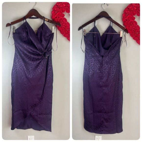 J.O.A Flirting It Up Purple Leopard Print Satin Midi Dress XS Extra Small - Picture 2 of 9